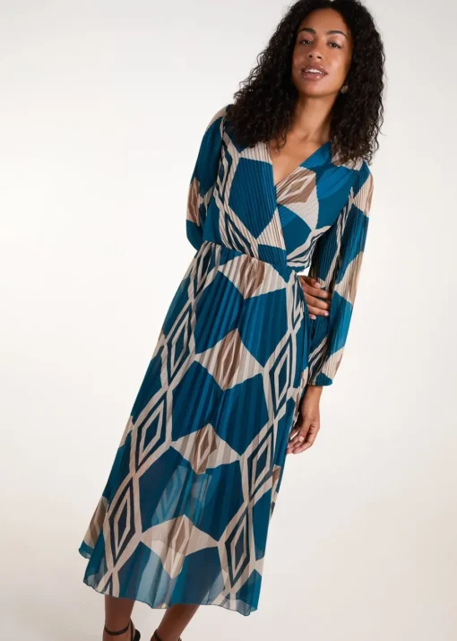 Blue Vanilla Teal Wrap Front Pleated Geometric Maxi Dress