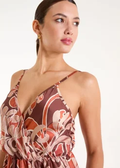Blue Vanilla Terracotta Paisley Printed Satin Wrap Maxi Dress