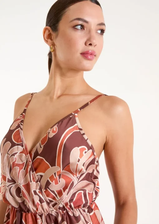 Blue Vanilla Terracotta Paisley Printed Satin Wrap Maxi Dress