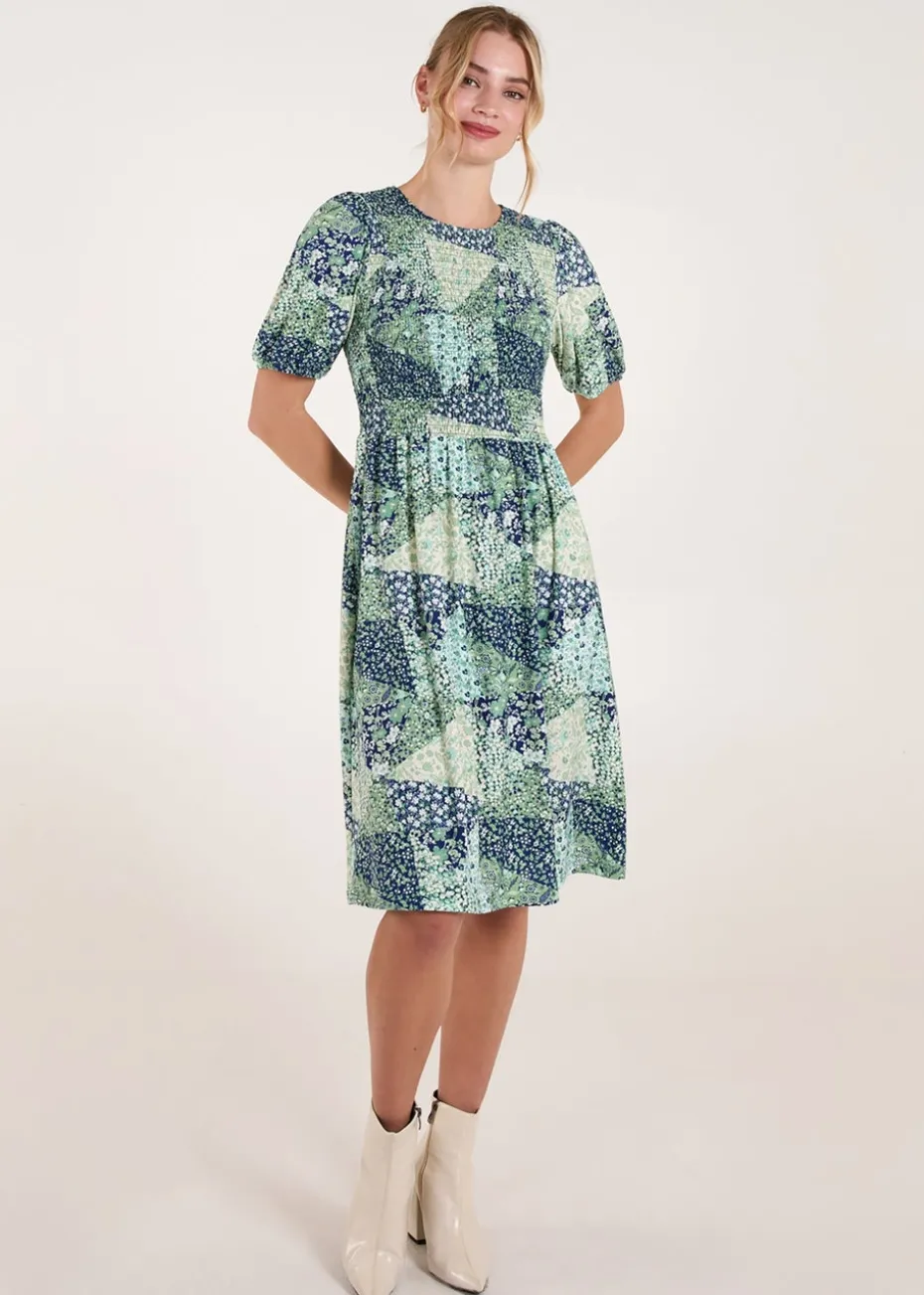 Blue Vanilla Turquoise Shirred Bust Puff Sleeve Patchwork Mini Dress