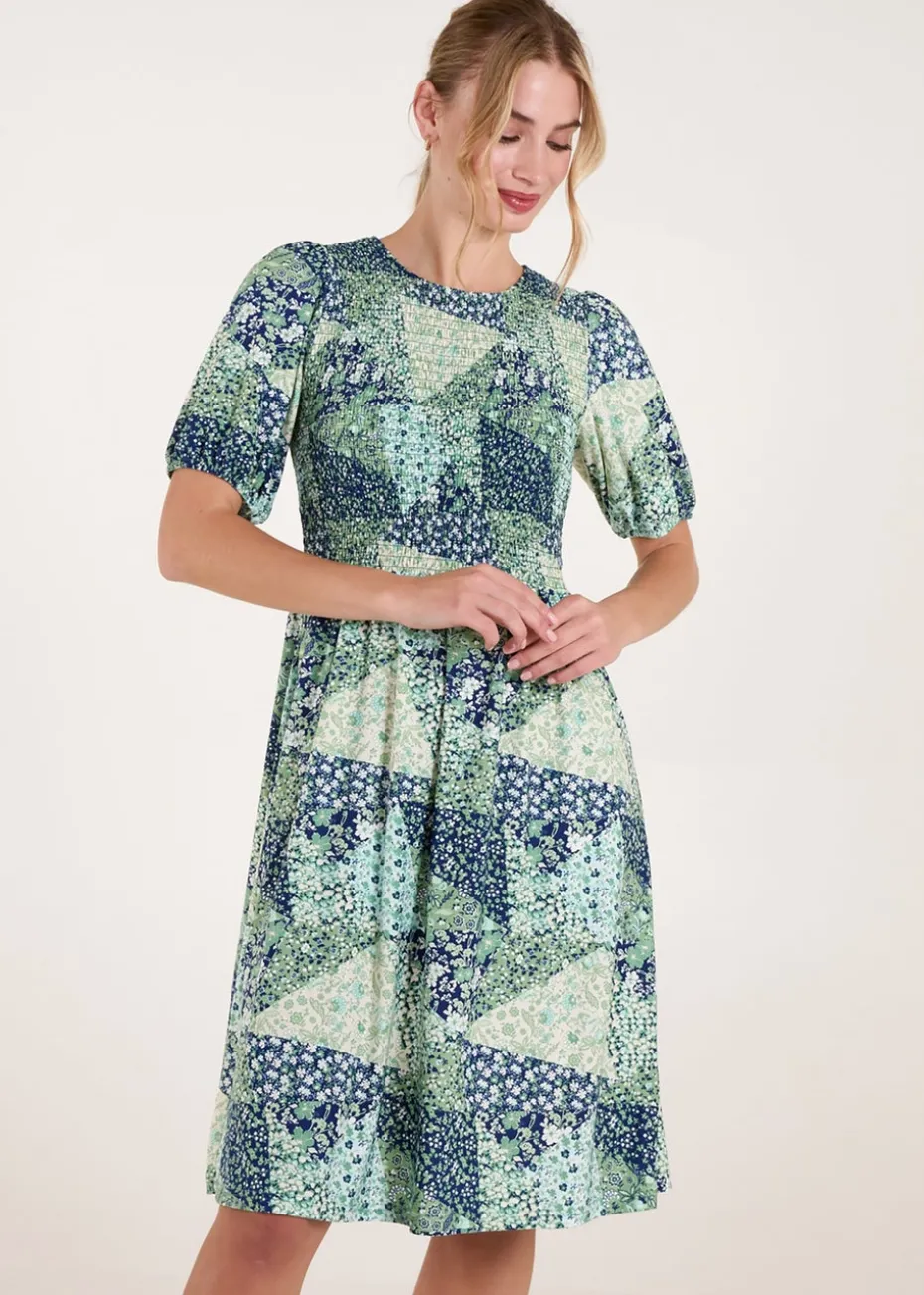 Blue Vanilla Turquoise Shirred Bust Puff Sleeve Patchwork Mini Dress