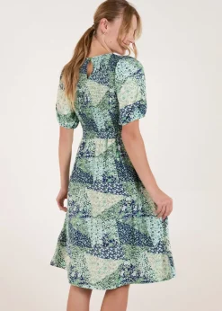 Blue Vanilla Turquoise Shirred Bust Puff Sleeve Patchwork Mini Dress