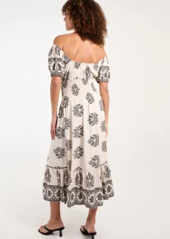 Blue Vanilla White Batik Print Shirred Waist Midi Dress
