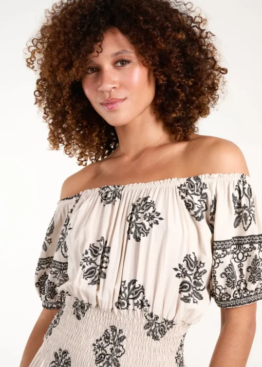 Blue Vanilla White Batik Print Shirred Waist Midi Dress