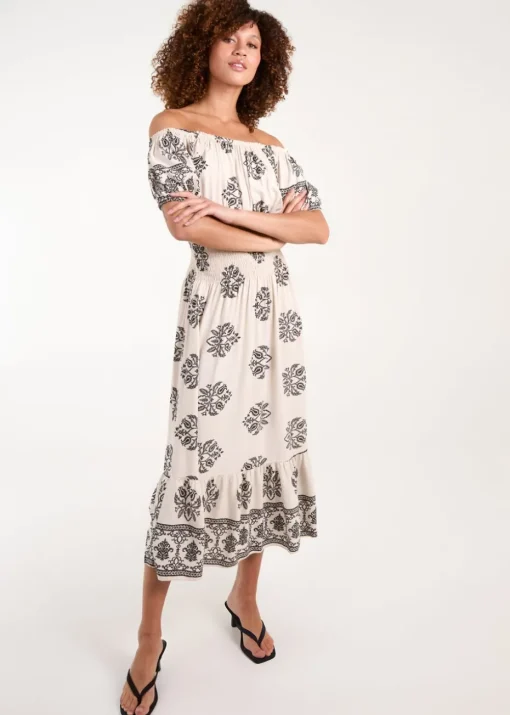 Blue Vanilla White Batik Print Shirred Waist Midi Dress