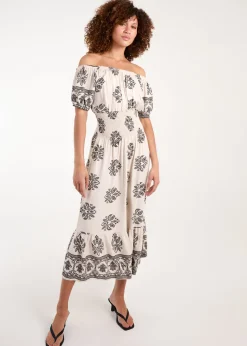 Blue Vanilla White Batik Print Shirred Waist Midi Dress