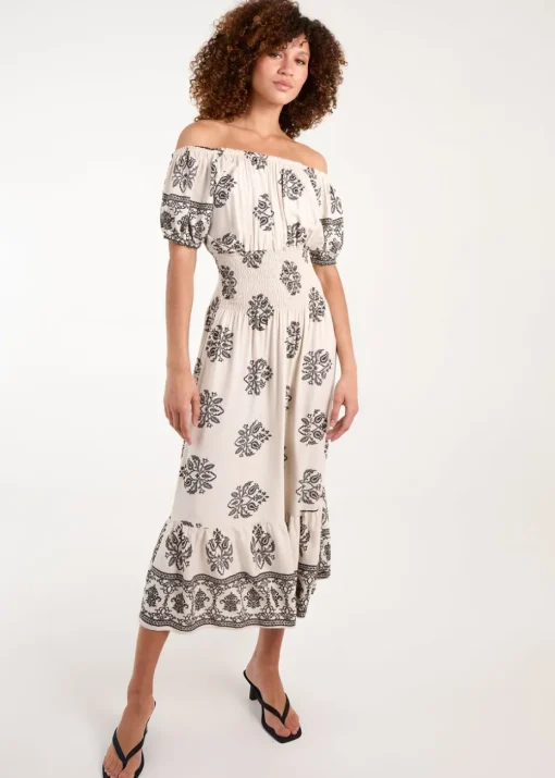 Blue Vanilla White Batik Print Shirred Waist Midi Dress