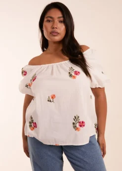 Blue Vanilla White Curve Milkmaid Flower Embroidered Top