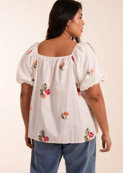 Blue Vanilla White Curve Milkmaid Flower Embroidered Top