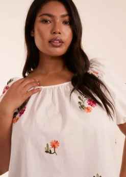 Blue Vanilla White Curve Milkmaid Flower Embroidered Top