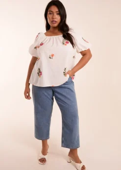 Blue Vanilla White Curve Milkmaid Flower Embroidered Top