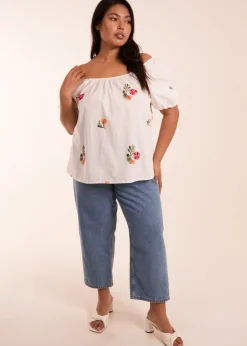 Blue Vanilla White Curve Milkmaid Flower Embroidered Top