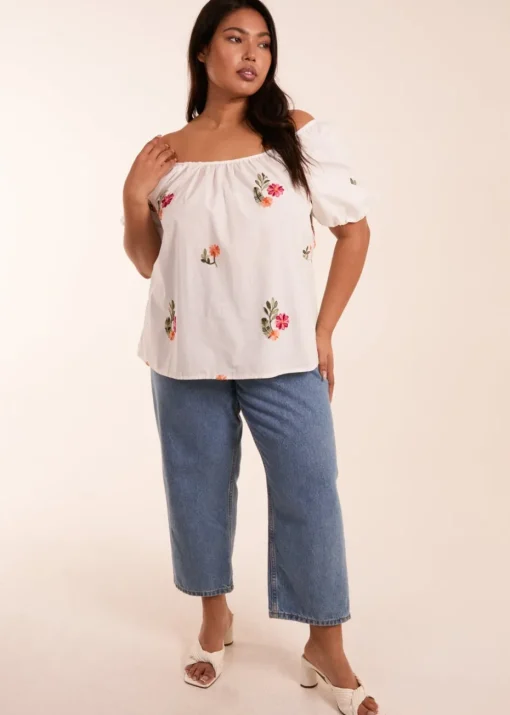 Blue Vanilla White Curve Milkmaid Flower Embroidered Top