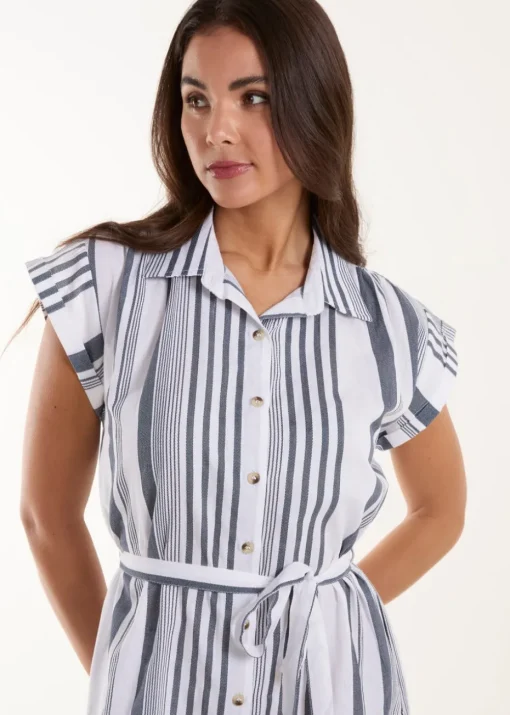 Blue Vanilla White Stripe Button Front Shirt Dress