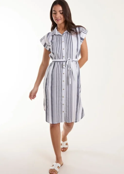 Blue Vanilla White Stripe Button Front Shirt Dress