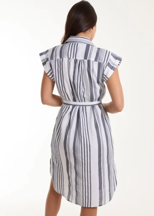 Blue Vanilla White Stripe Button Front Shirt Dress
