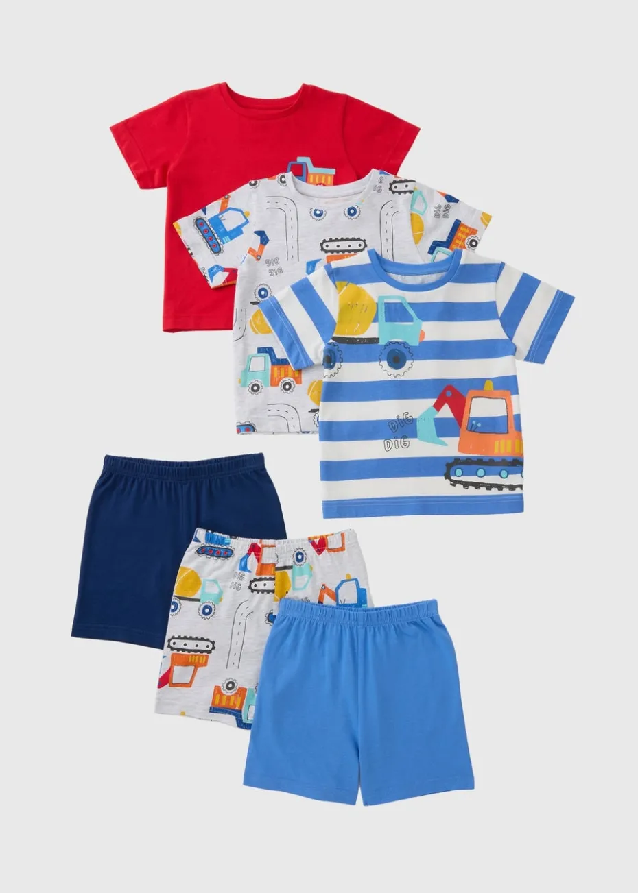 Boys 3 Pack Red Transport Pyjama Top & Shorts Set (1-7yrs)