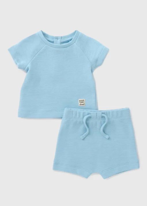 Boys Blue Ribbed T-Shirt & Shorts Set (Newborn-23mths)