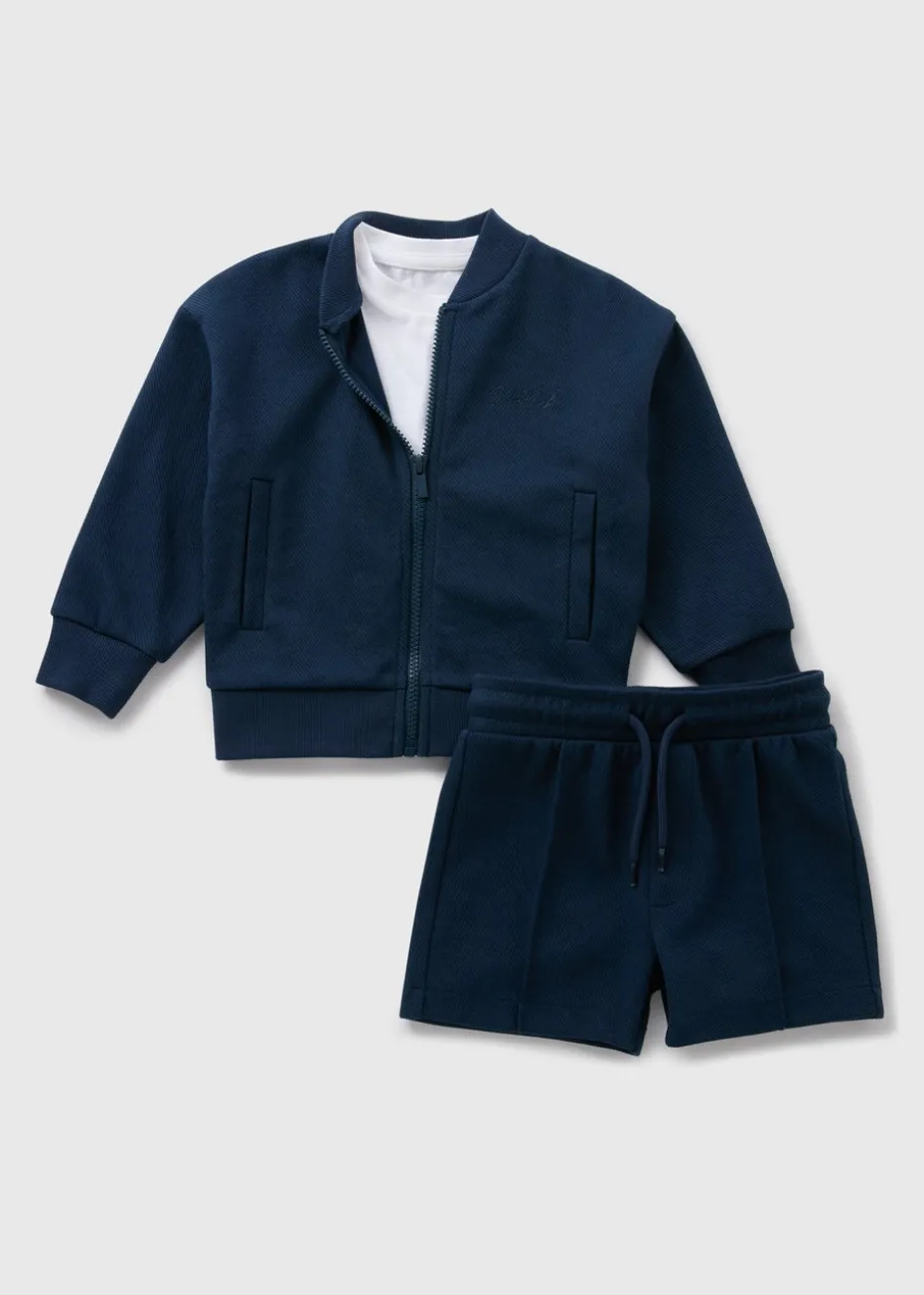 Boys Navy Blue Bomber Jacket, T-Shirt & Shorts Set (1-7yrs)