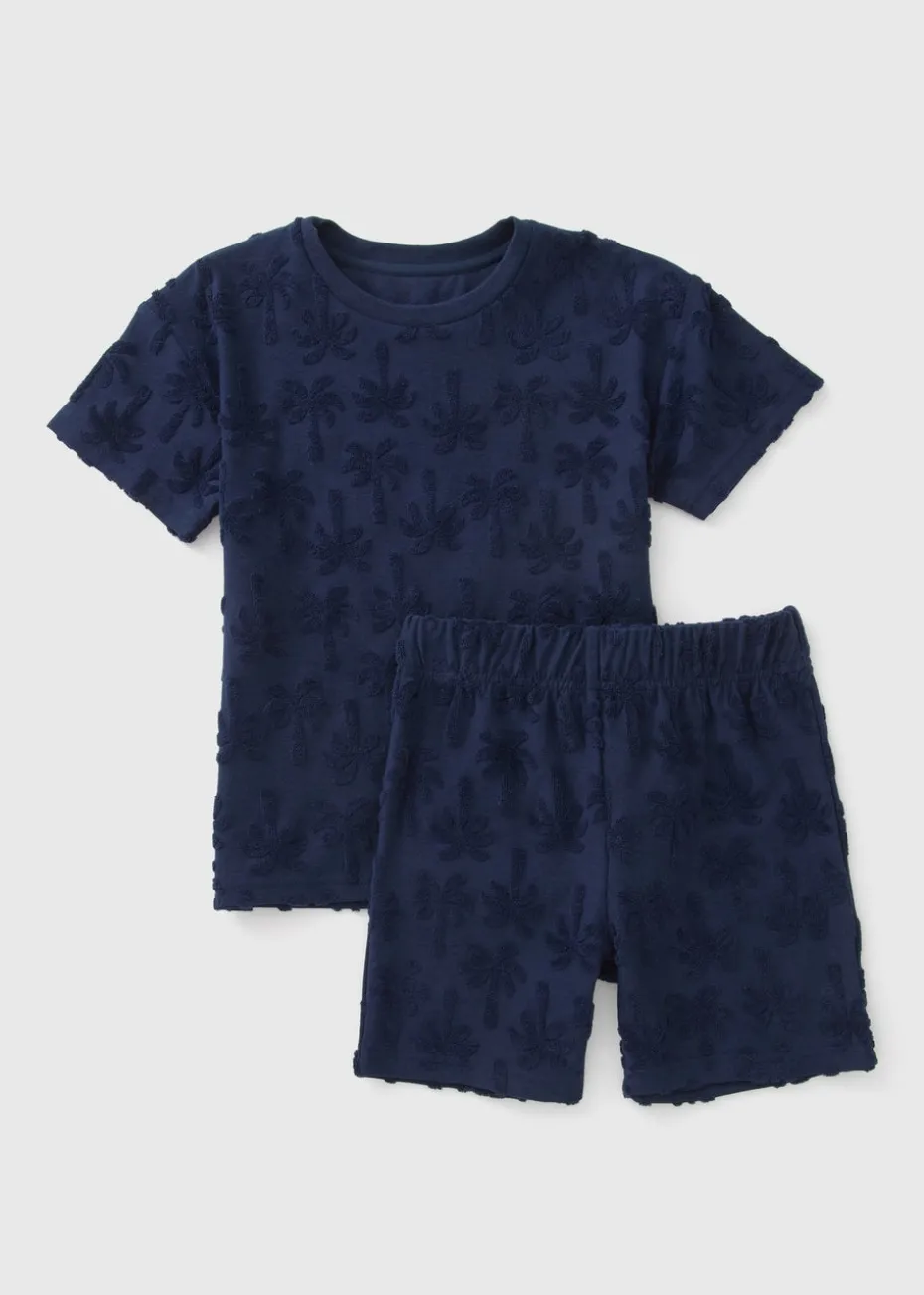 Boys Navy Palm Tree Towelling Top & Shorts Set (1-7ys)