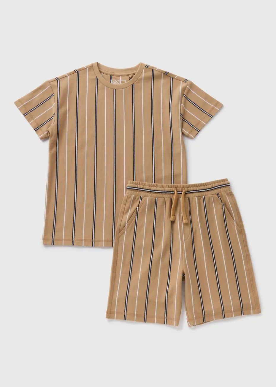 Boys Tan Pique Stripe T-Shirt & Shorts Set (7-15yrs)