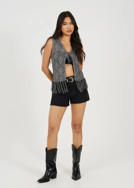 Brave Soul Black Metallic Tie Front Waistcoat