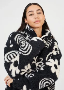 Brave Soul Black Quarter Zip Flower Print Sherpa Fleece