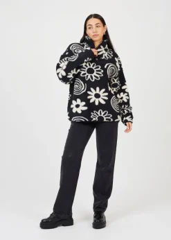Brave Soul Black Quarter Zip Flower Print Sherpa Fleece
