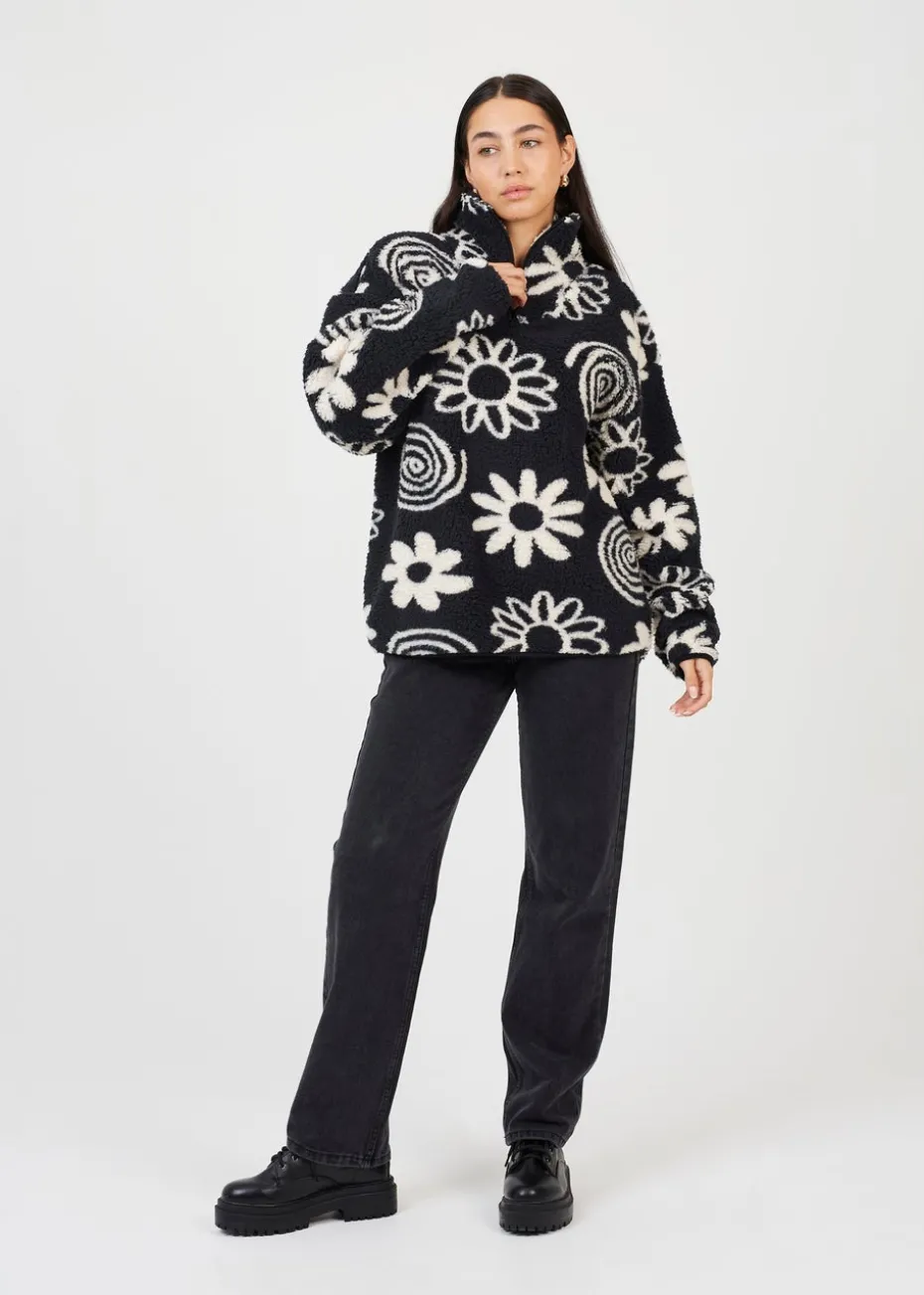 Brave Soul Black Quarter Zip Flower Print Sherpa Fleece