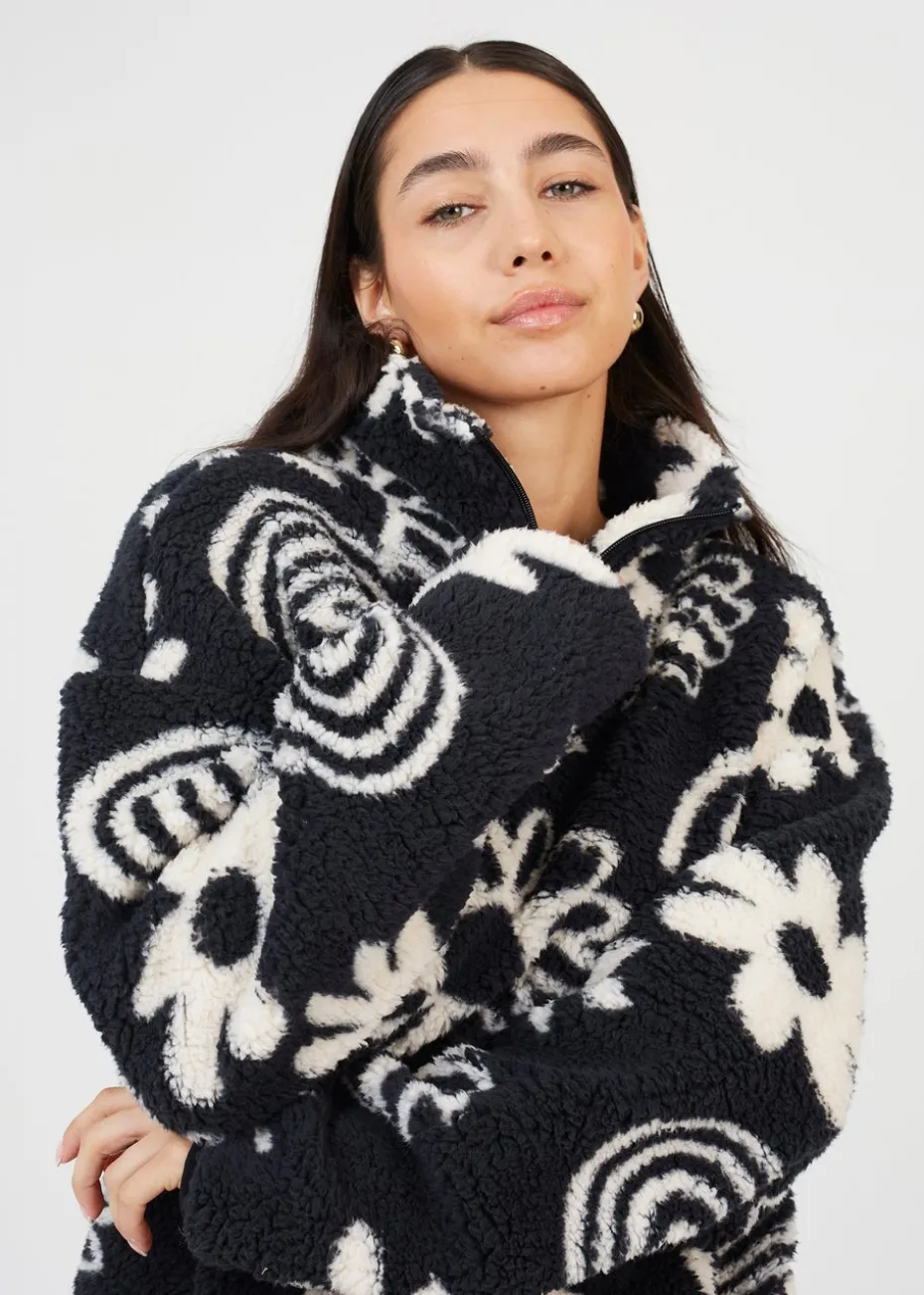 Brave Soul Black Quarter Zip Flower Print Sherpa Fleece