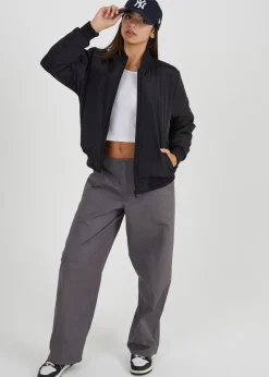 Brave Soul Black Ruched Sleeve Oversized Bomber Jacket