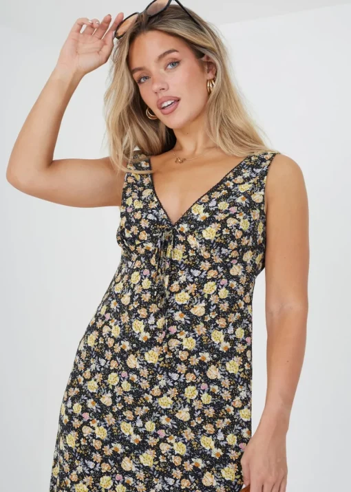 Brave Soul Black Sleeveless V-Neck Floral Midi Dress