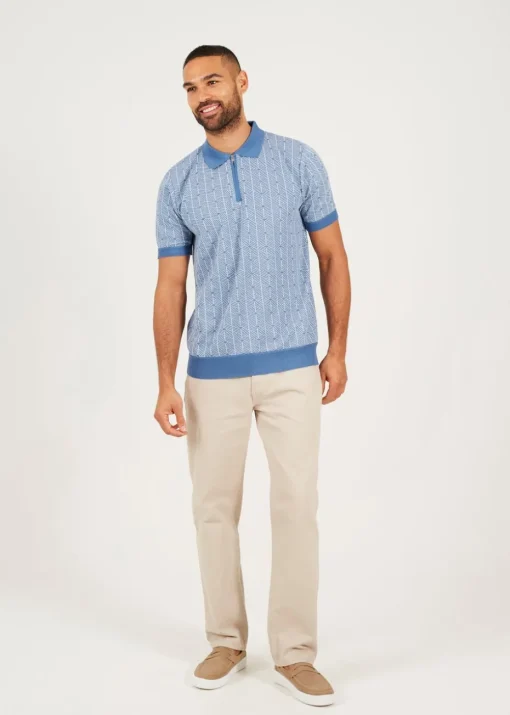 Brave Soul Blue Short Sleeve Jaquard Knitted Polo Shirt