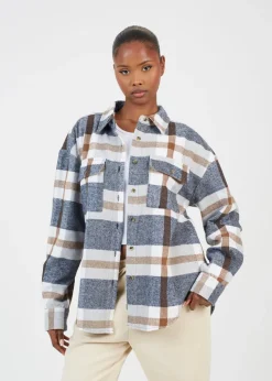 Brave Soul Brown Check Print Long Sleeve Fleece Shirt