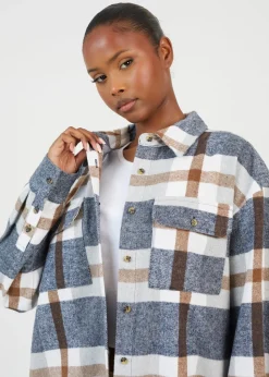 Brave Soul Brown Check Print Long Sleeve Fleece Shirt