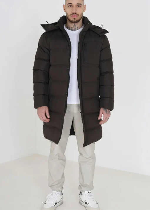 Brave Soul Brown Longline Hooded Padded Puffer Jacket