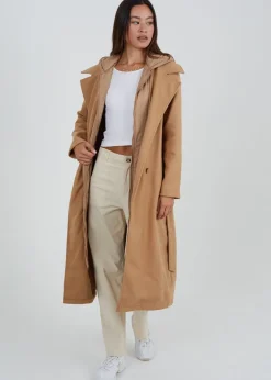 Brave Soul Camel Faux Wool Maxi Hooded Trench Coat