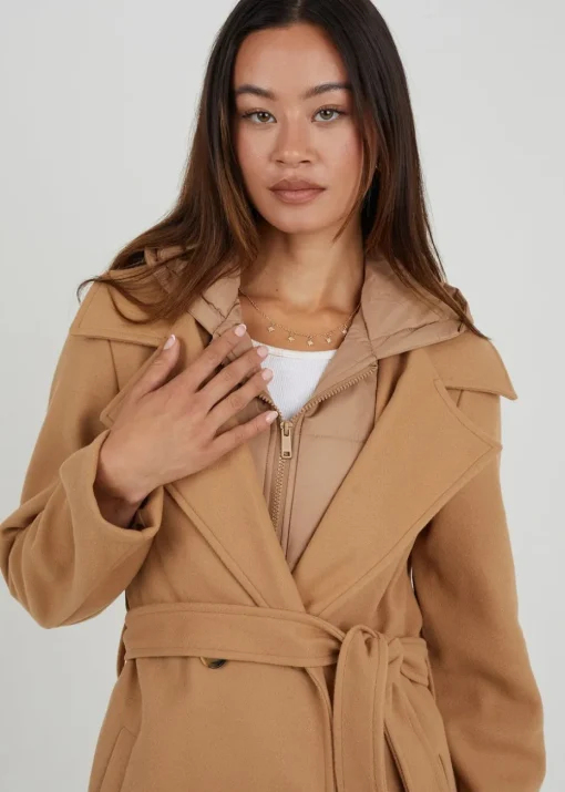 Brave Soul Camel Faux Wool Maxi Hooded Trench Coat