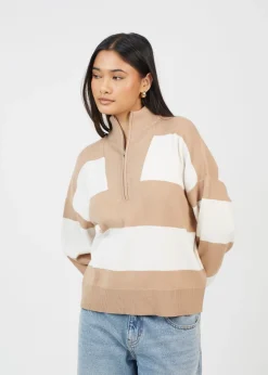 Brave Soul Camel Striped Half Zip Knitted Jumper