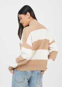 Brave Soul Camel Striped Half Zip Knitted Jumper