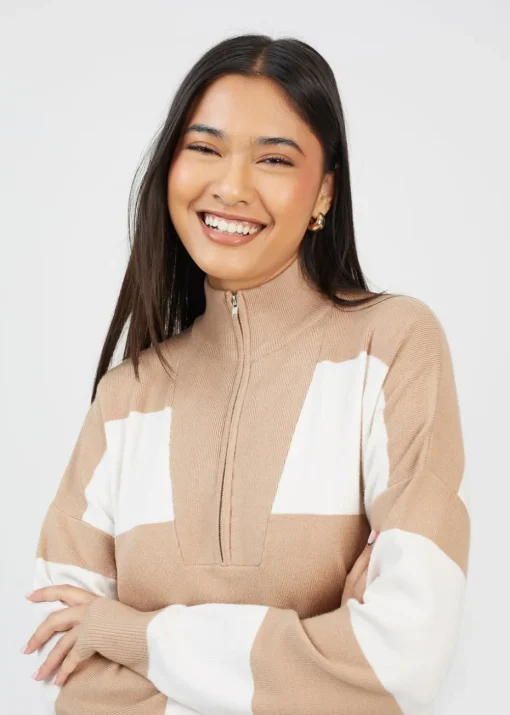 Brave Soul Camel Striped Half Zip Knitted Jumper