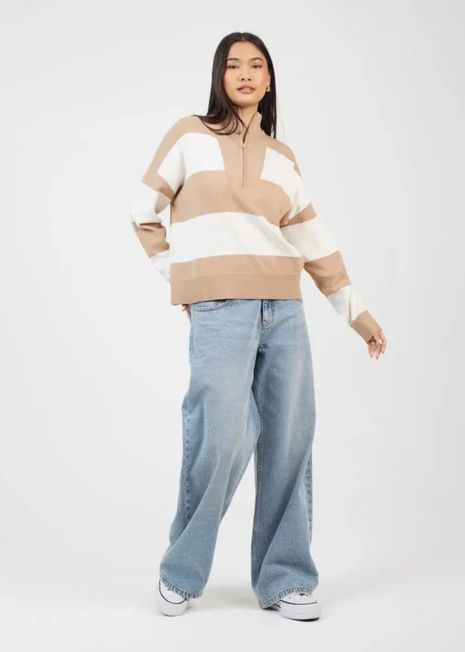 Brave Soul Camel Striped Half Zip Knitted Jumper