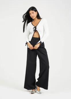 Brave Soul Cream Ribbed Knitted Cardigan with Bow Fastening