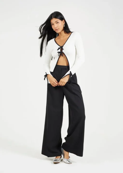 Brave Soul Cream Ribbed Knitted Cardigan with Bow Fastening