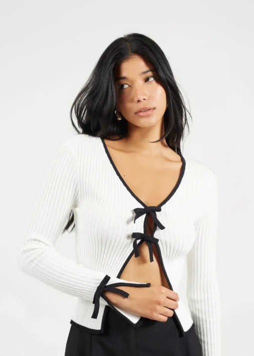 Brave Soul Cream Ribbed Knitted Cardigan with Bow Fastening