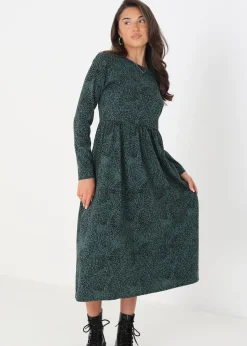 Brave Soul Green Cotton Animal Print Long Sleeve Midi Smock Dress