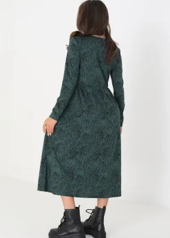 Brave Soul Green Cotton Animal Print Long Sleeve Midi Smock Dress