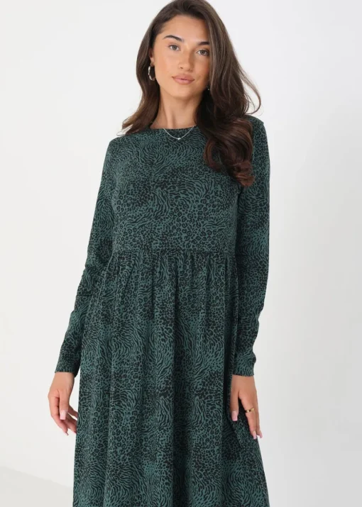 Brave Soul Green Cotton Animal Print Long Sleeve Midi Smock Dress