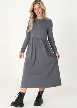 Brave Soul Grey Cotton Long Sleeve Midi Smock Dress