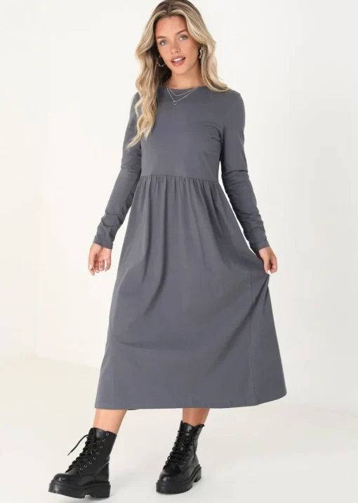 Brave Soul Grey Cotton Long Sleeve Midi Smock Dress